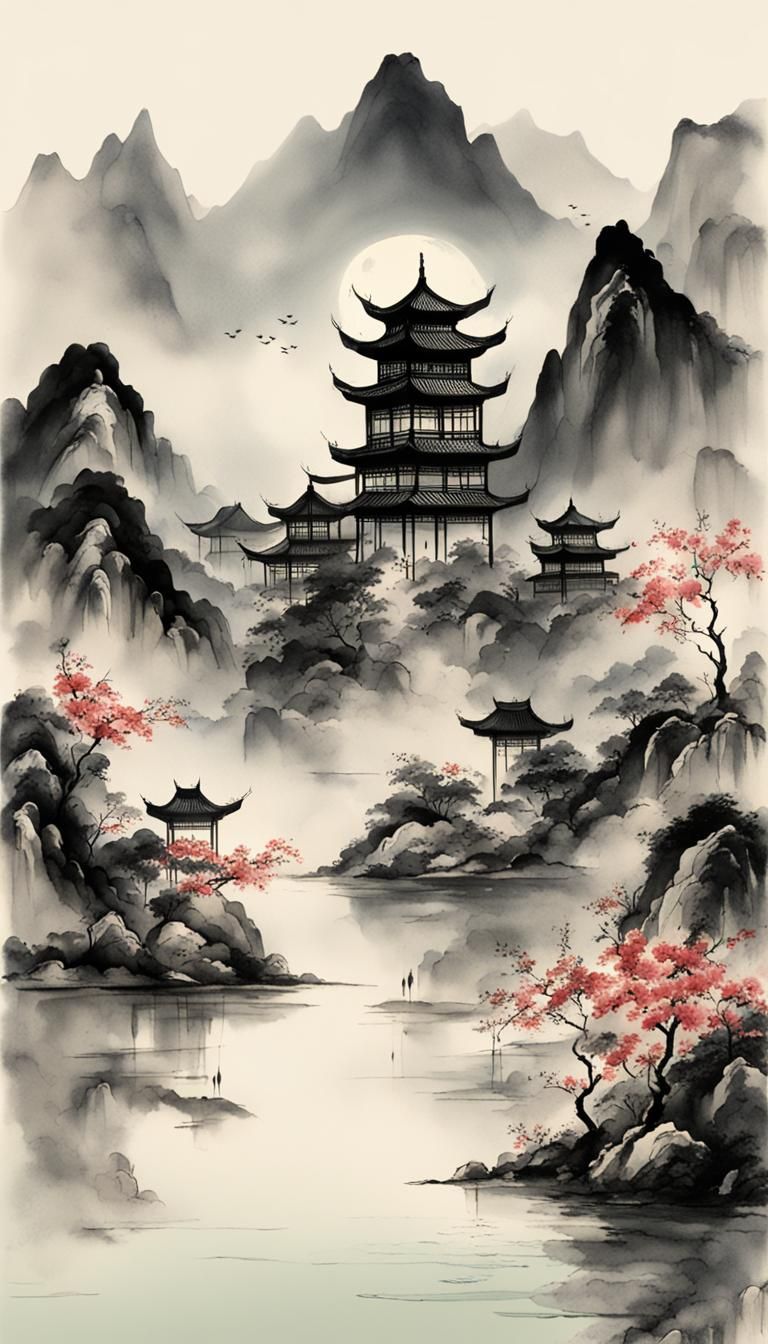 Moonlit Lake with Floating Temples: Chinese Ink Painting