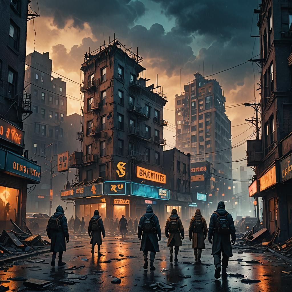 Dystopian Cityscape with Mutants in Cinematic Style