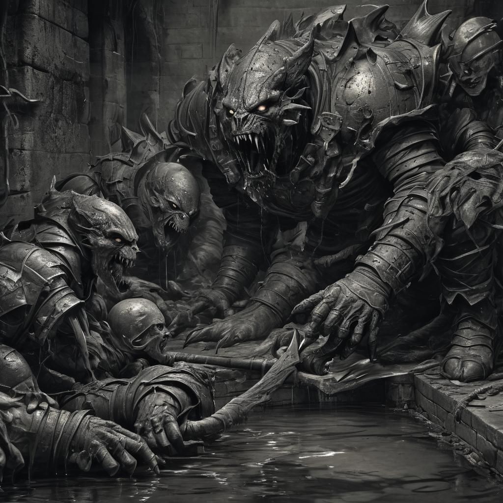 Heroes Overpowered by Monsters: Dark Fantasy Charcoal Art