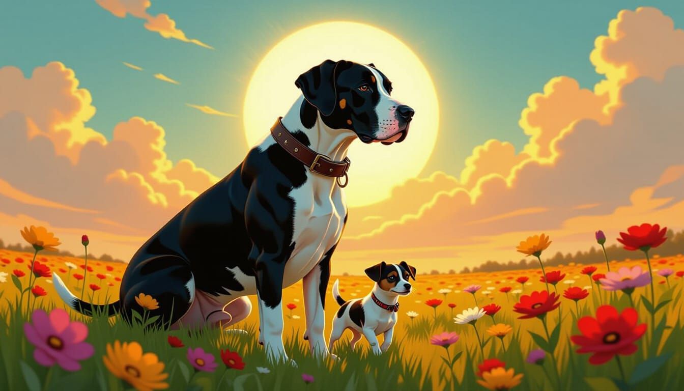 Great Dane and Jack Russell in Floral Field