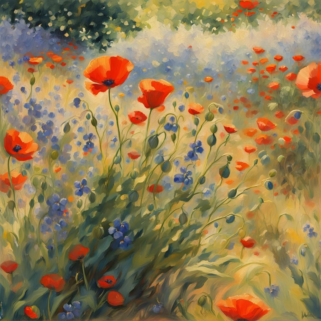 Impressionist Wildflower Meadow in Summer Breeze