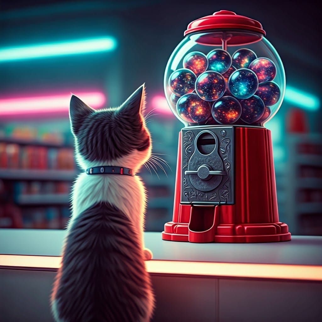 Chibi Kitten Gazes at Nebula Gumball Machine
