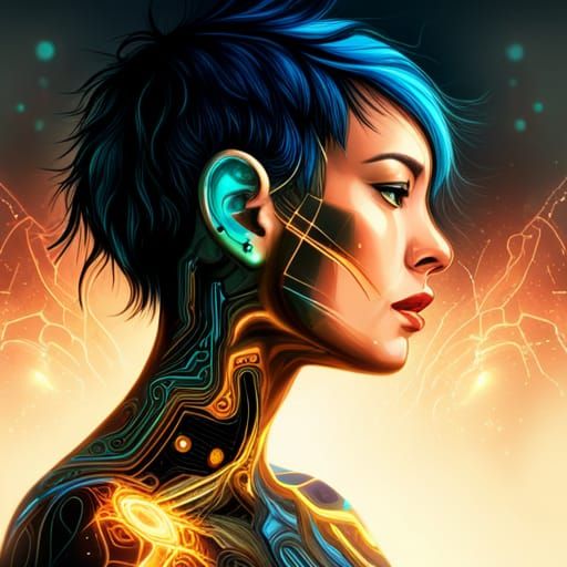 Cyberpunk Woman with Golden Circuitry: Digital Art