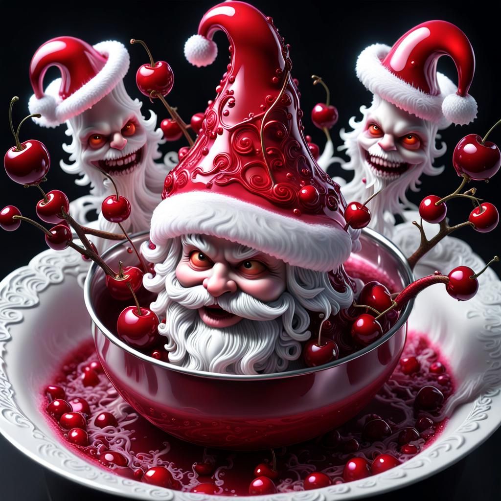 fractal recursive gothic cherry creatures donning Santa's iconic hat