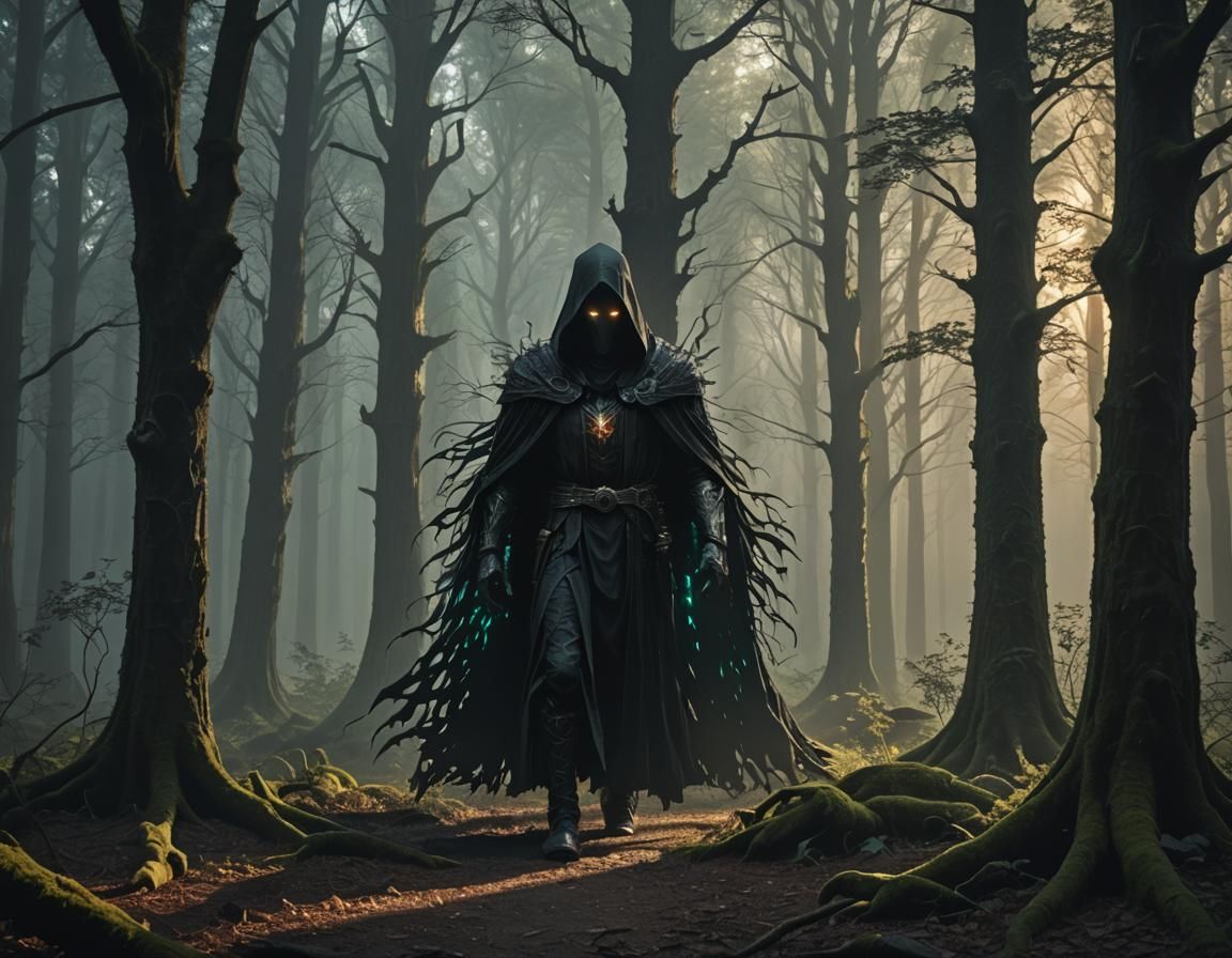 Eerie Shadow Figure in Dark Forest, Hyperrealistic