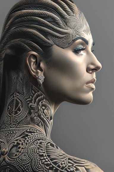 Hyperrealistic Tattooed Goddess with Dynamic Lighting