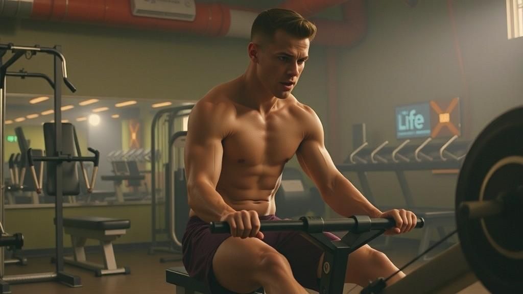 Man Exercising on Rowing Machine in Cinematic Style
