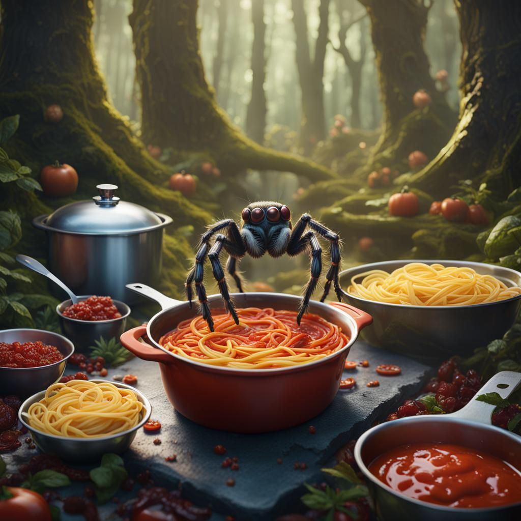 Chibli Jumping Spiders Cooking Pasta in Woods
