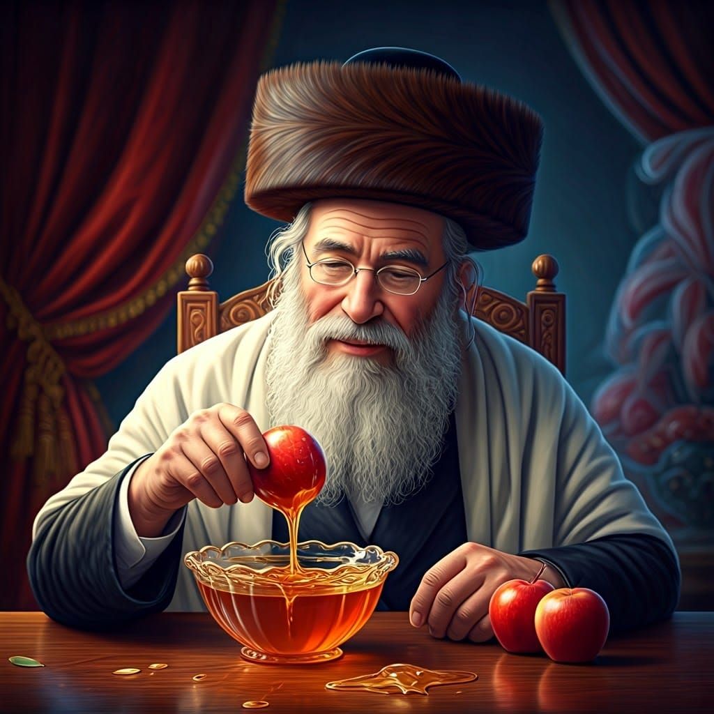 Ultra-Orthodox Jew Dipping Apple in Honey, Candy Style