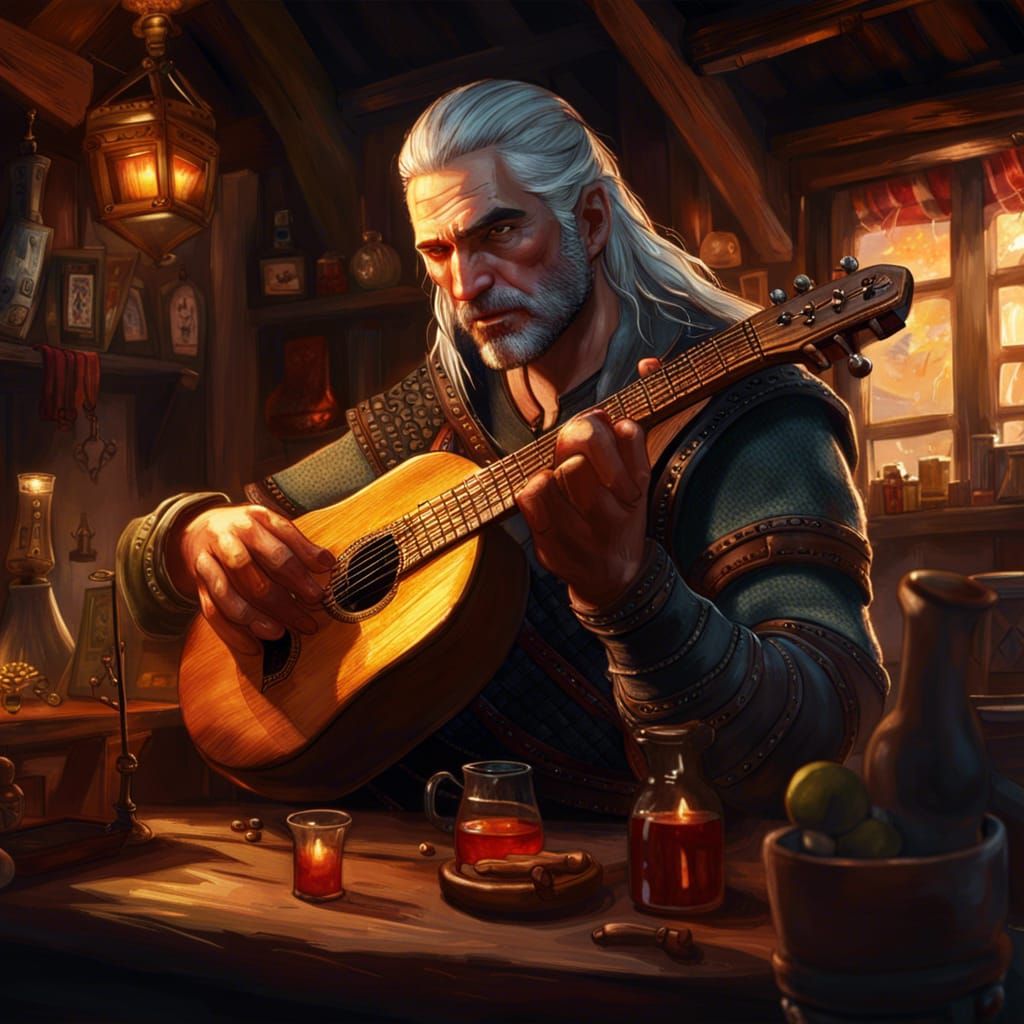 Witcher Plays Lute in Tavern: Hyperrealistic Concept Art