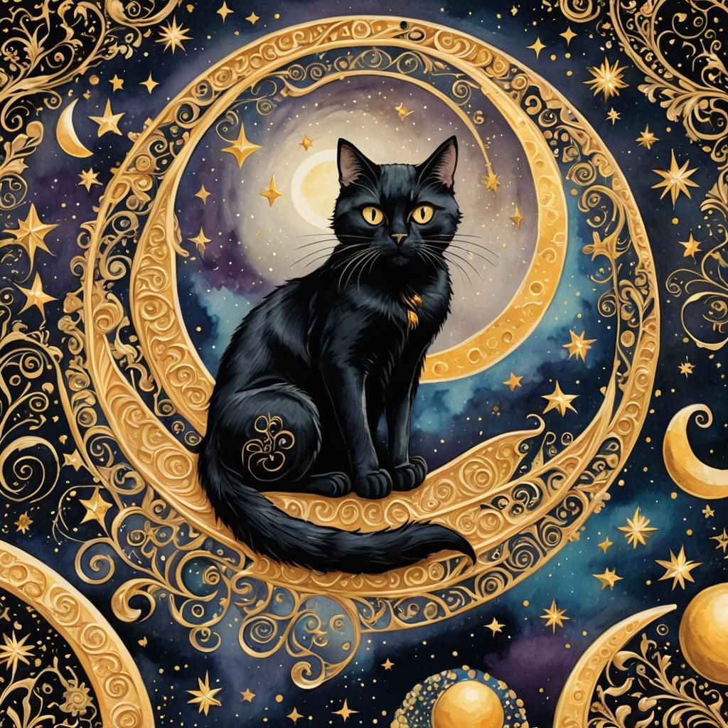 Black Cat on Ornate Moon in Cosmic Wonderland