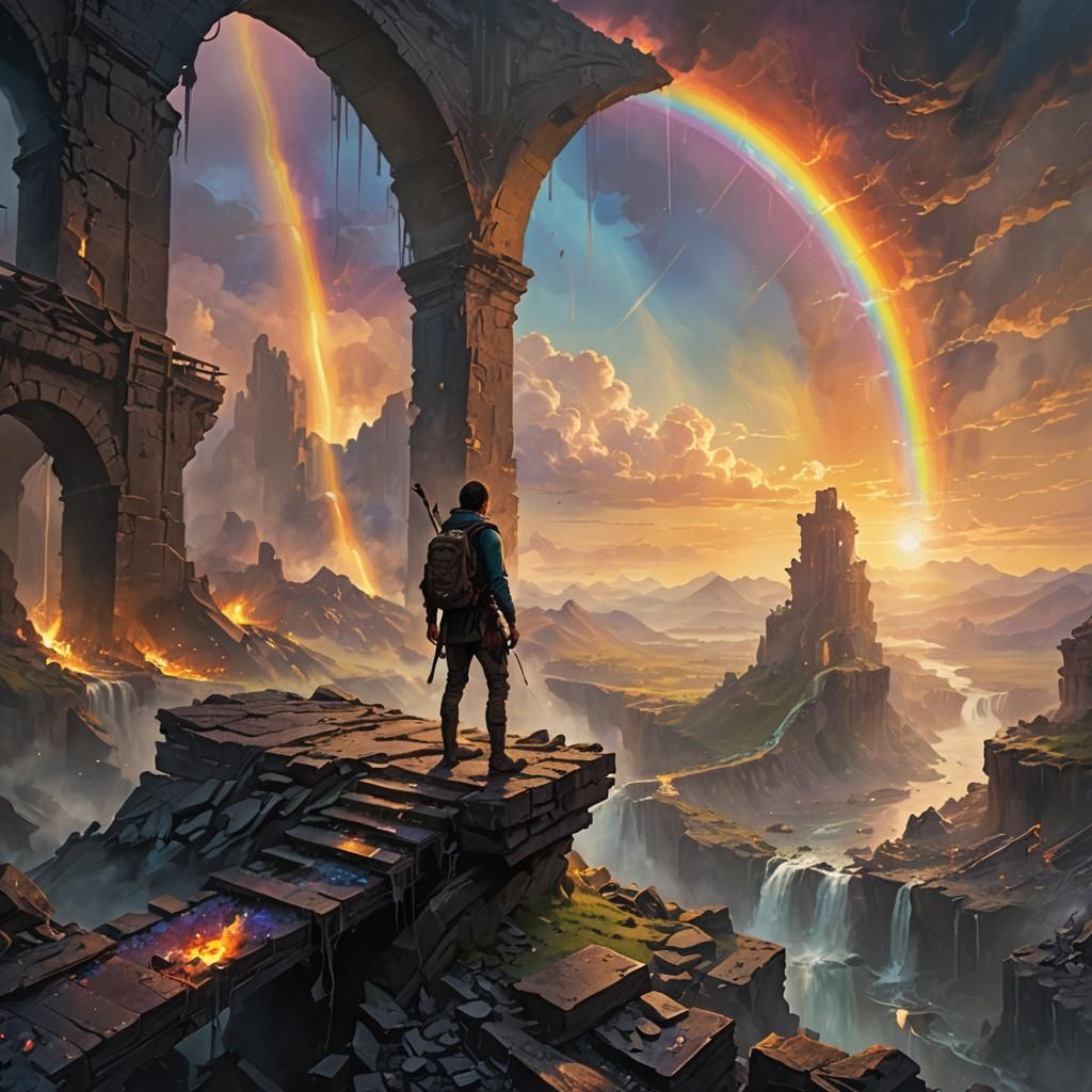 Adventurer on Rainbow Bridge in Dark Fantasy Landscape