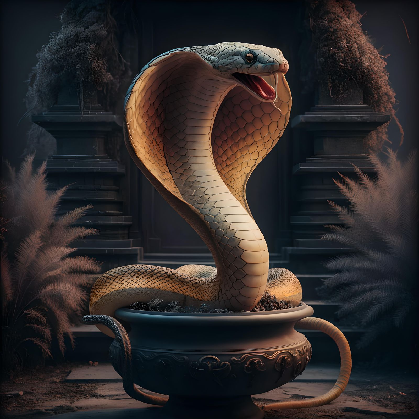 Cobra Emerging from Urn in Hyperrealistic Style