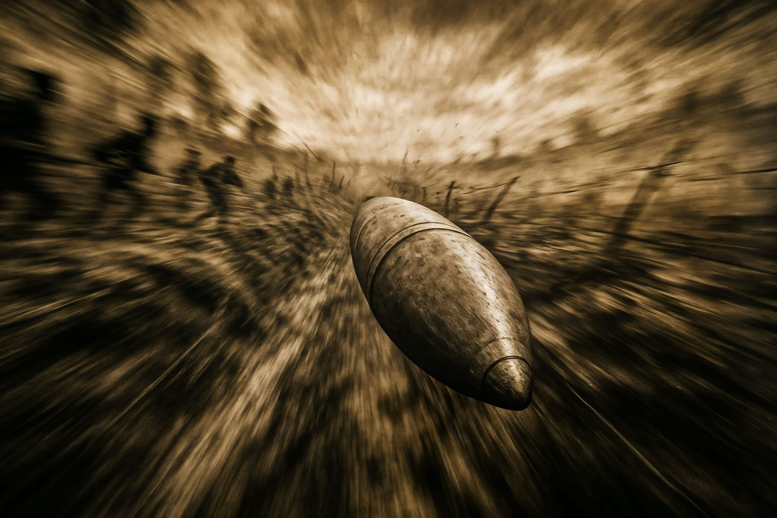 High-Speed Projectile in Chaotic Battlefield: Sepia-Toned Mo...