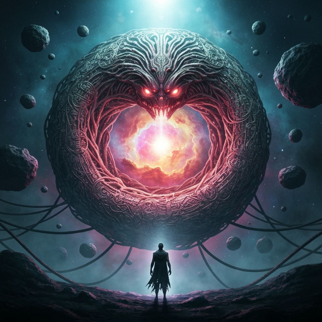 Biomechanical Ouroboros Devouring Nebula in Dark Surrealism