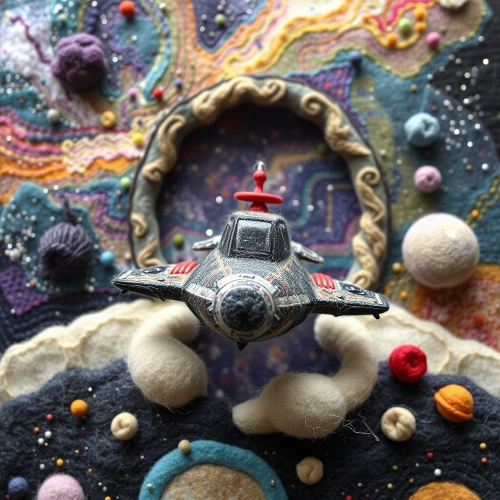 Needle-Felted Spaceship Emerges from Wool Portal