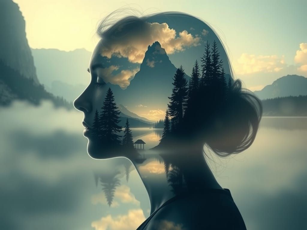 Serenely Contemplative Woman in a Dreamy Mountain Landscape