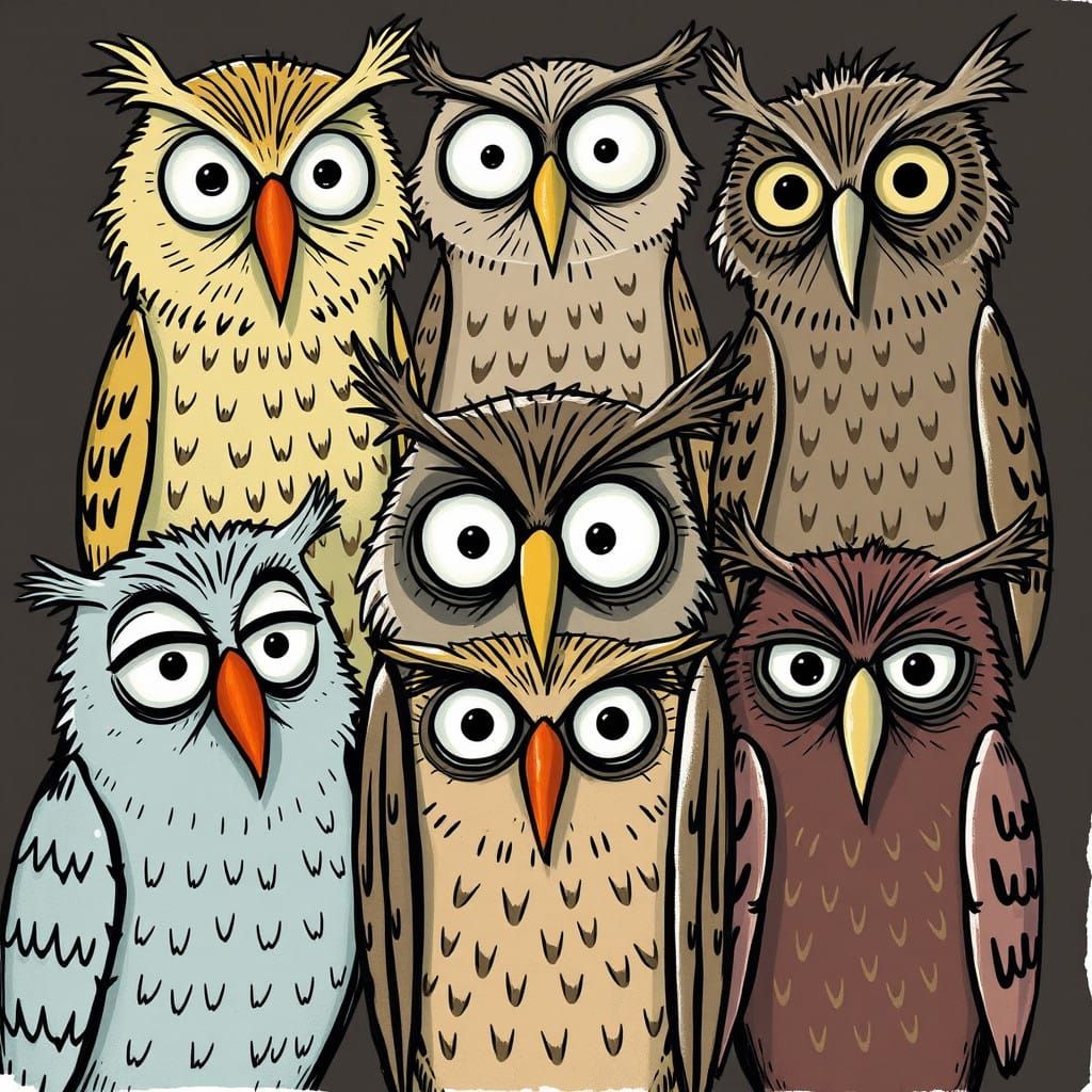 Whimsical Owls in Exaggerated Expressions