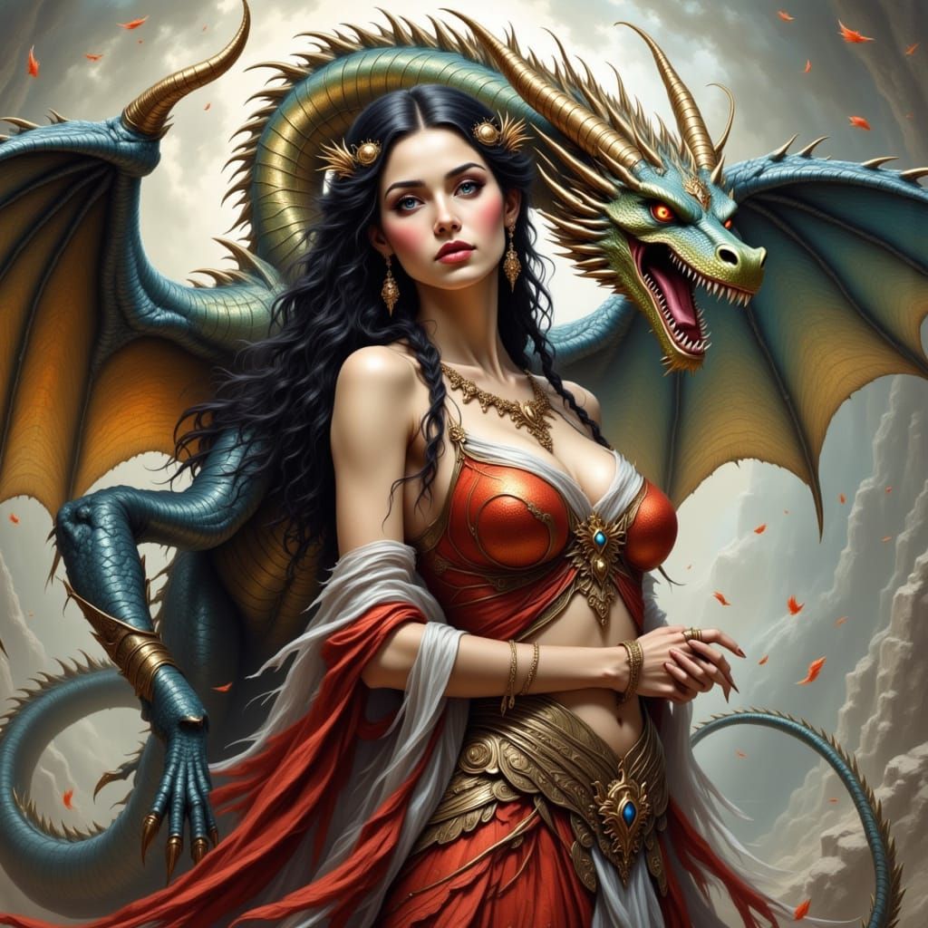 Beautiful Woman with Two Winged Dragons