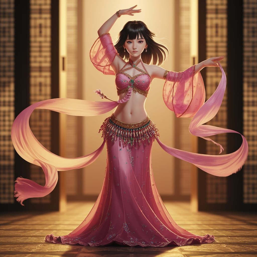 Powerful Korean Anime Belly Dancer in Golden Light
