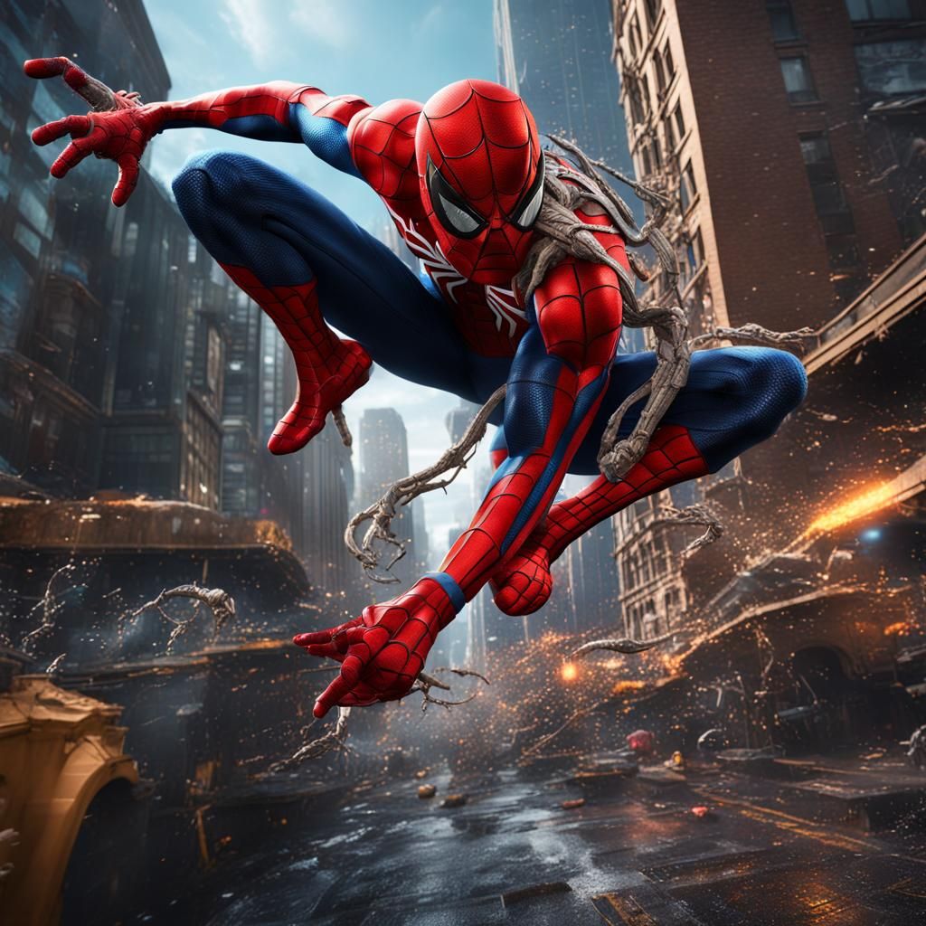 Spiderman Web-Slinging in the City: Detailed Matte Painting