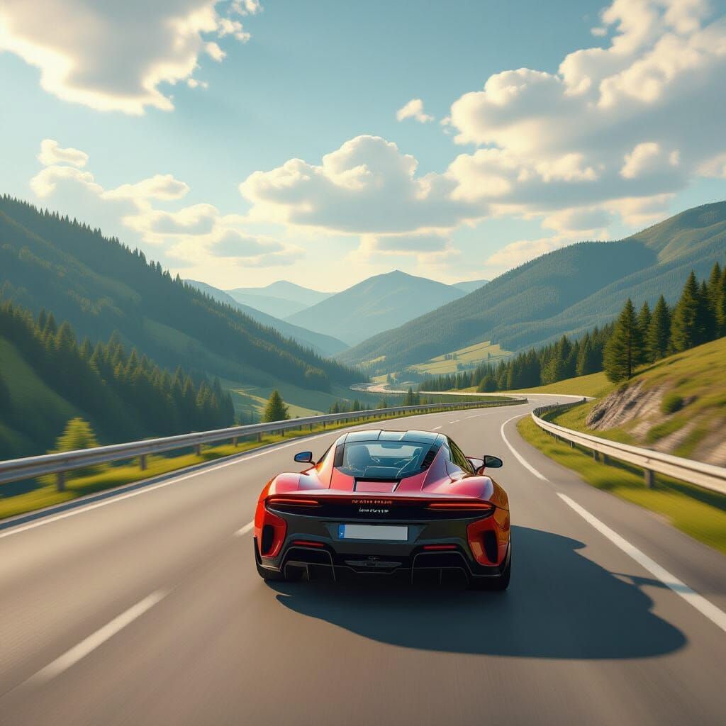 Sports Car on Scenic Highway in Hyper-Realistic Style