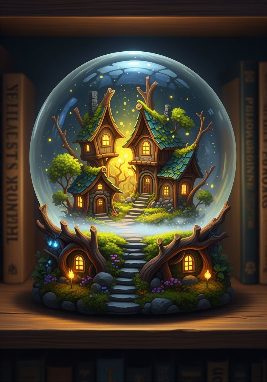 Mystical Elven Village in Snow Globe, Fantasy Concept Art