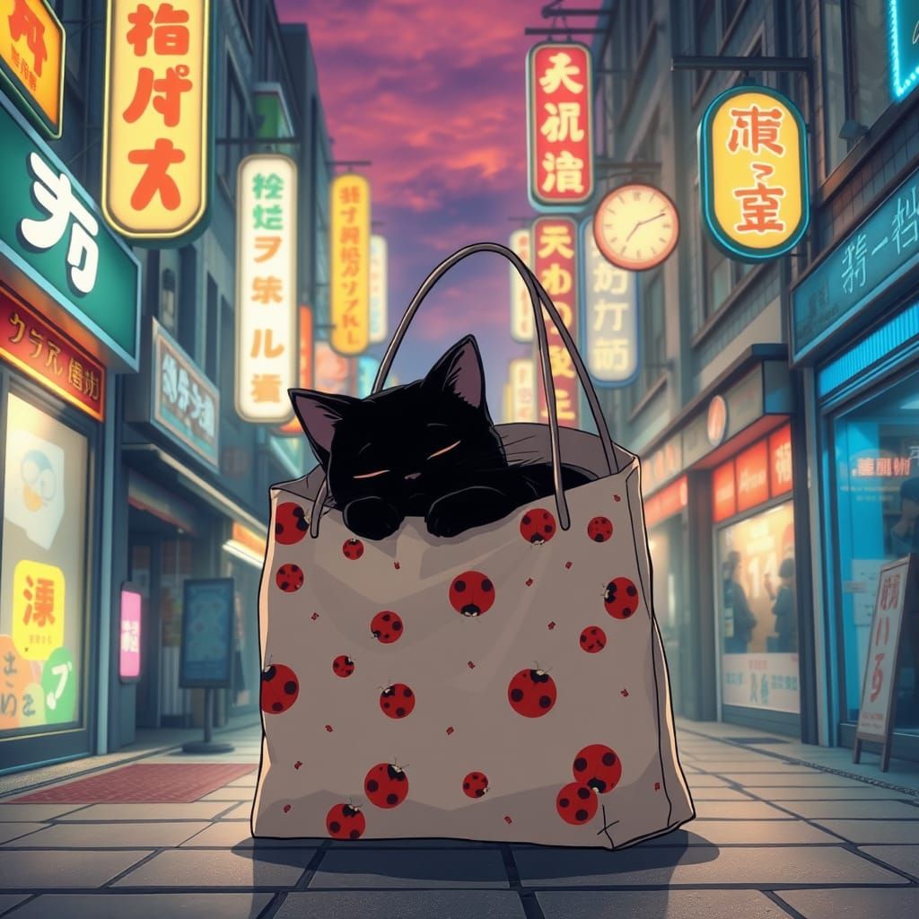 Whimsical Anime-Style Cat in a Shopping Bag at Twilight