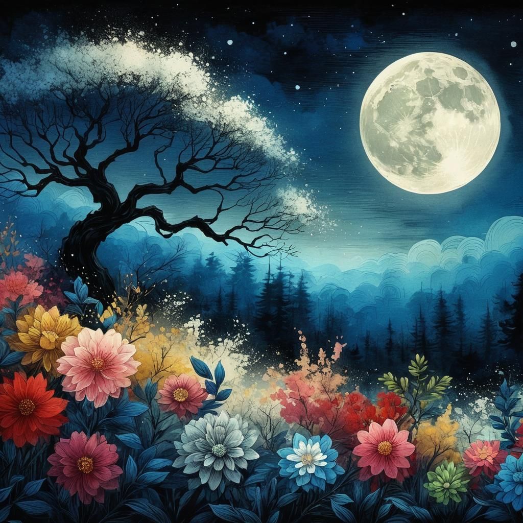 a vibrant night scene with a full moon illuminating a floral...