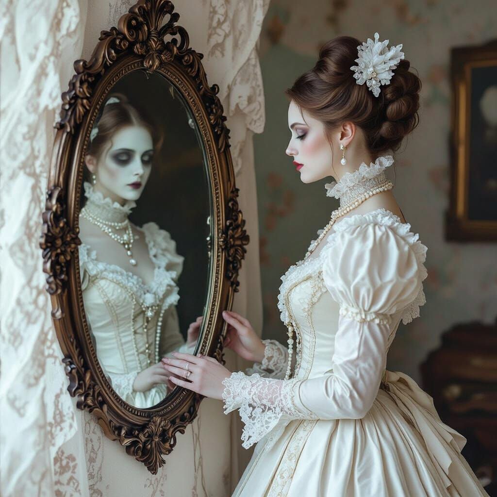 Victorian Woman and Ghostly Reflection in Mirror