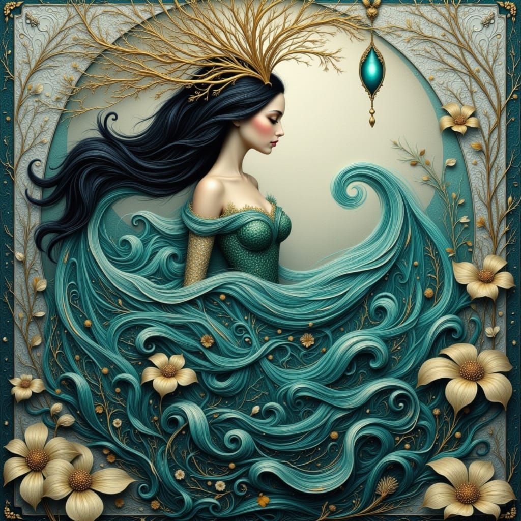 Water Nymph in Klimt Style with Gold and Blue Hues