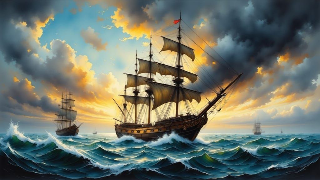 Frigate and Pirate Ship Battle on Stormy Seas