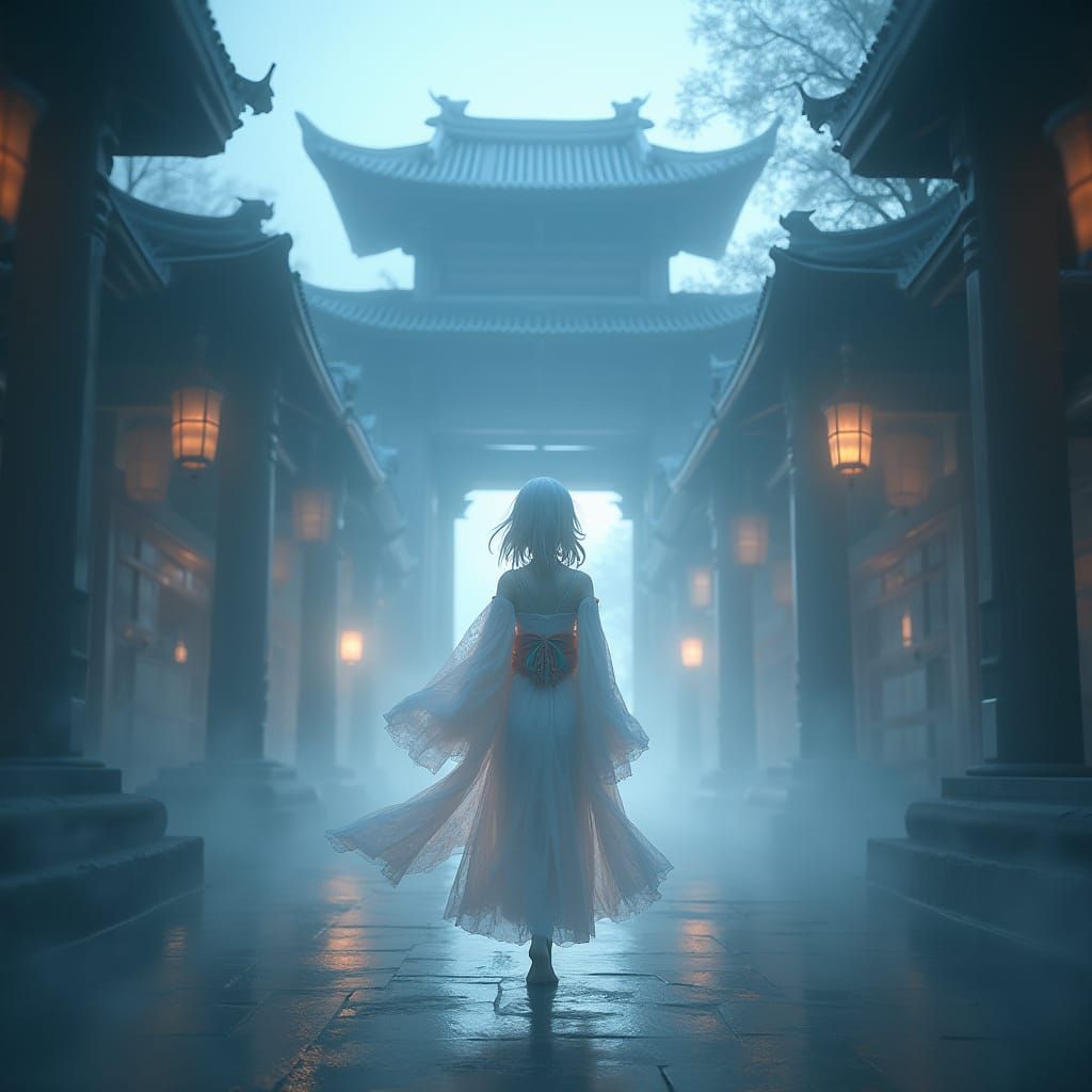 Ethereal Anime Girl in Misty Temple, Detailed 8k Art