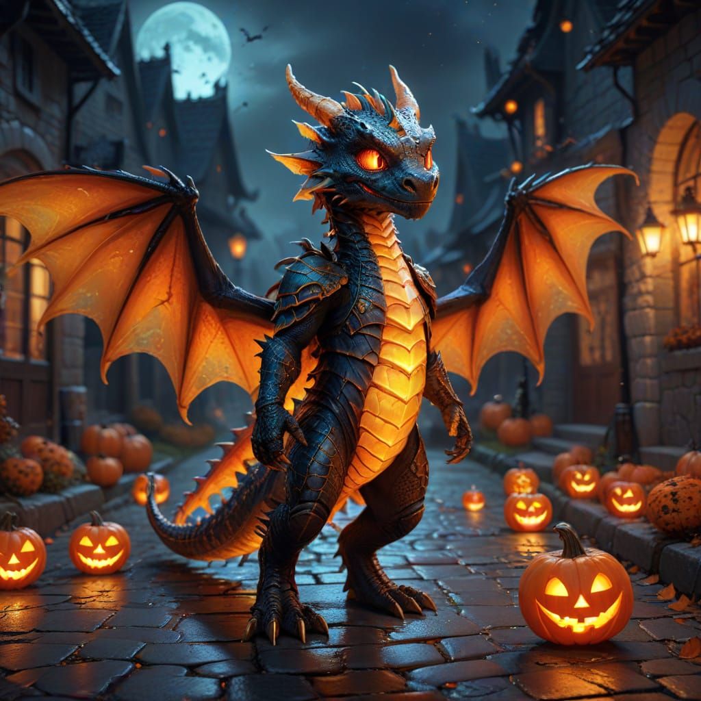 Dragon Trick-or-Treater on Cobblestone Street