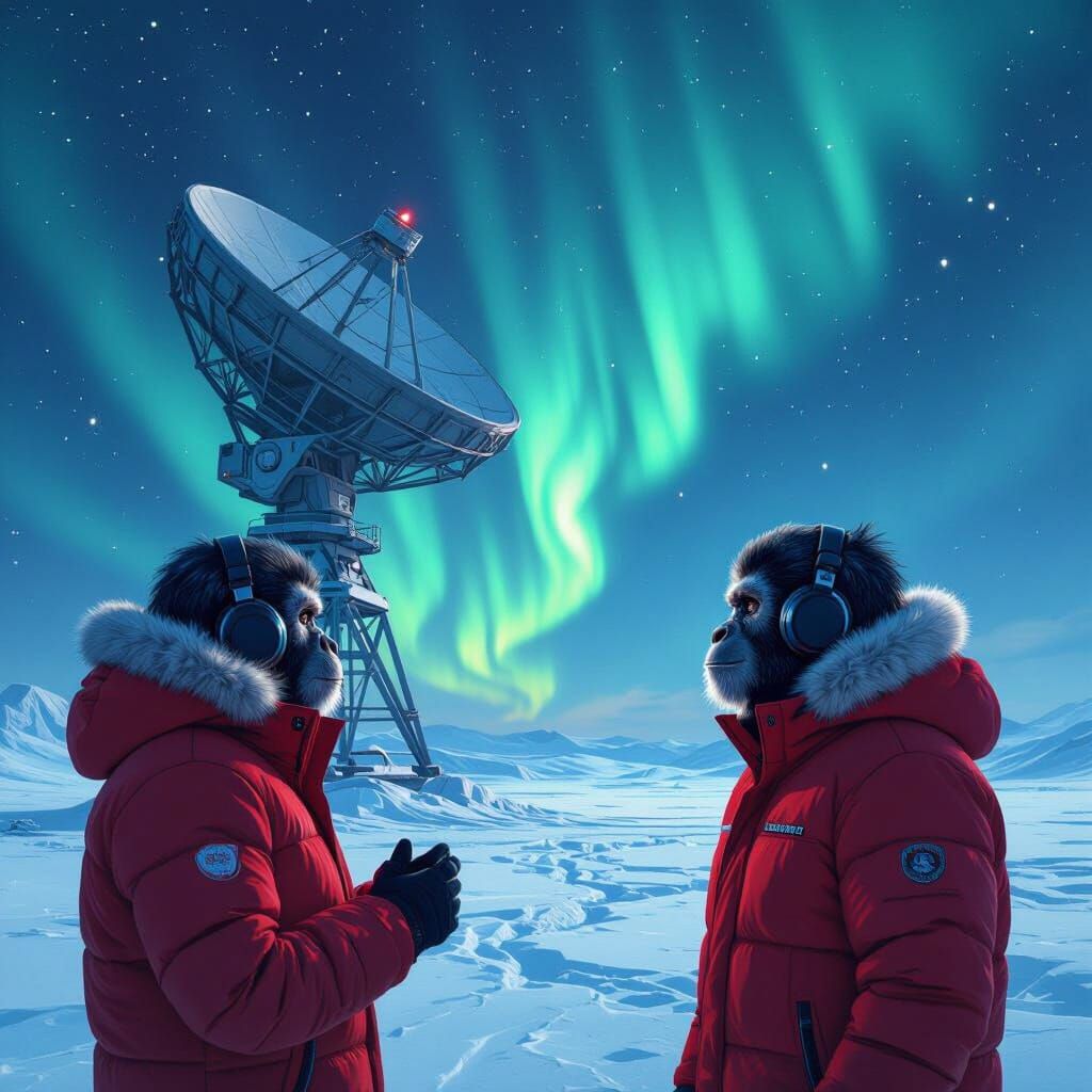 Apes at Polar Station Under Aurora, Digital Art