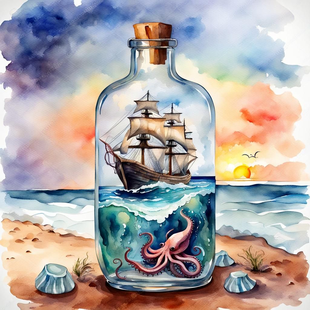 Kraken Attacks Ship in a Bottle: Watercolor Seascape