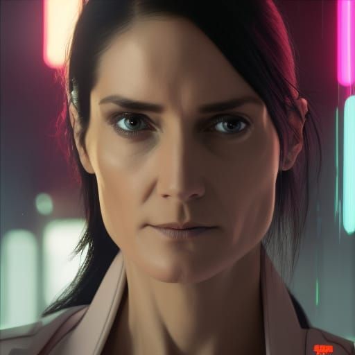 wet tanned big muscular female physique half cyborg enhanced female Carrie-Anne Moss realistic face, nurse uniform, 4k