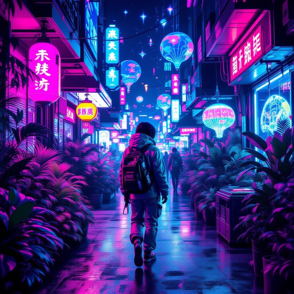 Gen Z Explorer in a Bioluminescent Alien Market