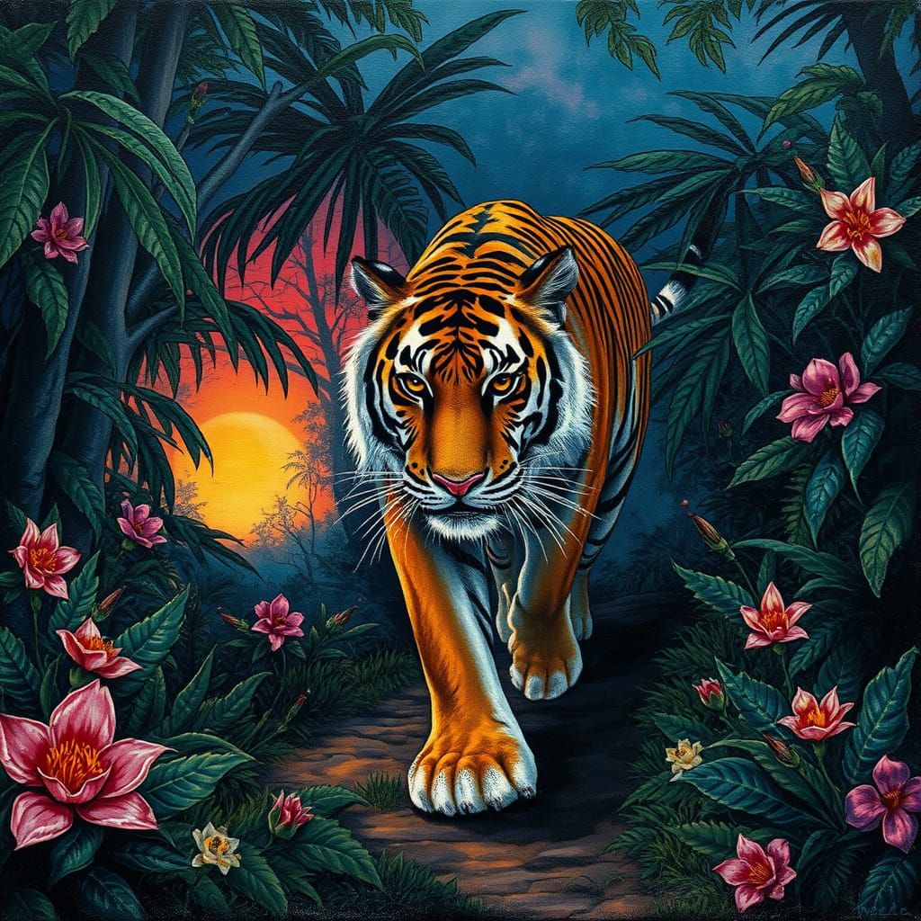 Ancient Tiger in Lush Jungle at Twilight, Impasto and Alcoho...