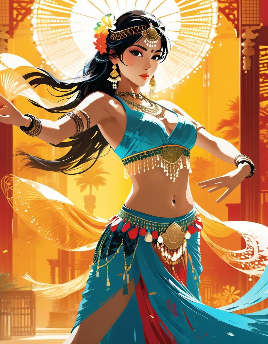 Anime Belly Dancer in Hawaiian Setting