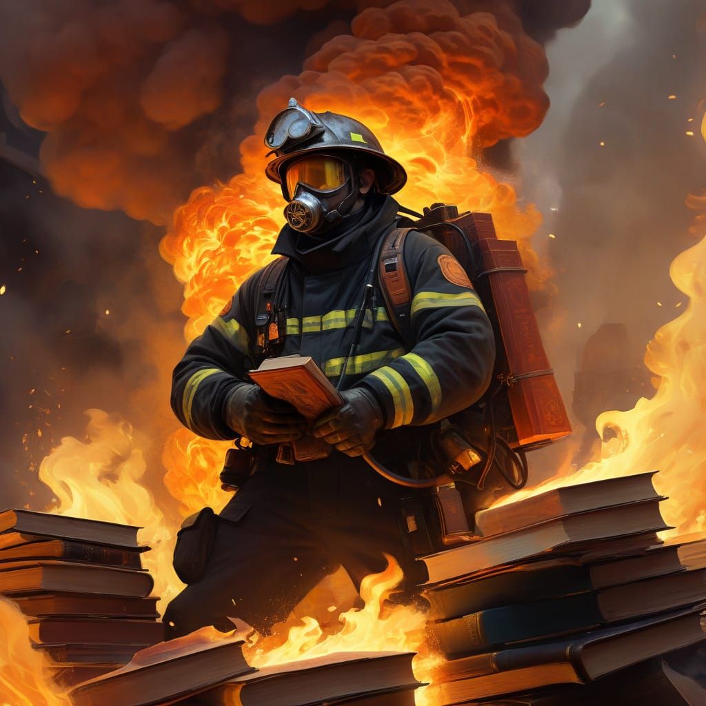 Dystopian Fireman Flames Books in Sci-Fi Art