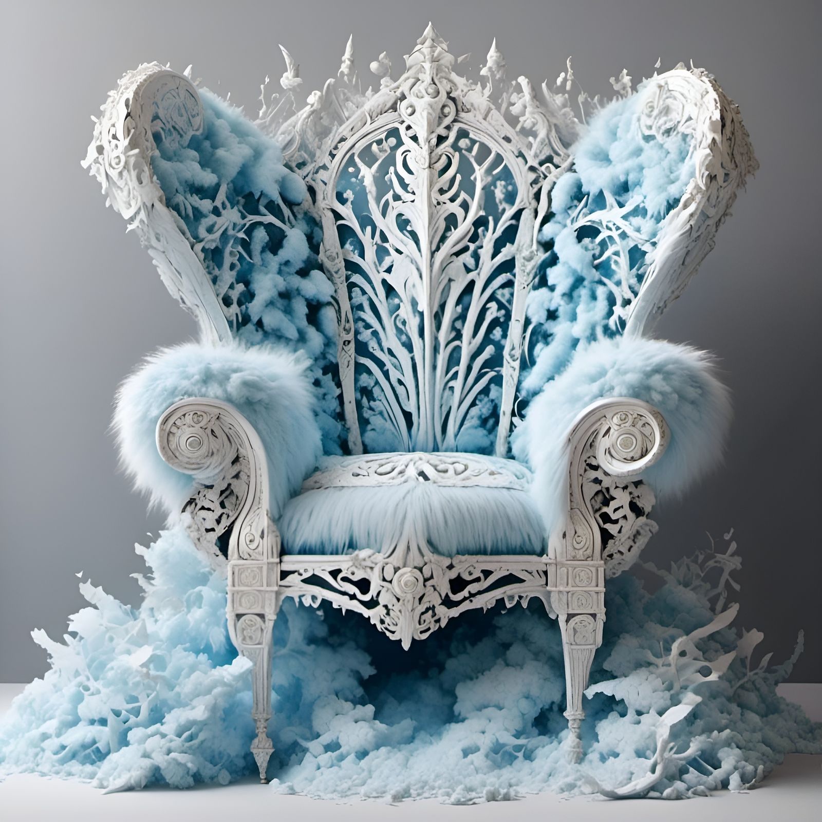 Pastel Sky Blue Cloud Fur Throne in 3D Paper Style