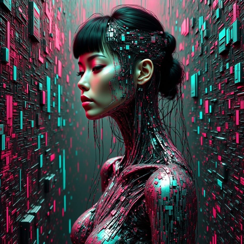Asian Cyborg in Computer, Glitch Art Style