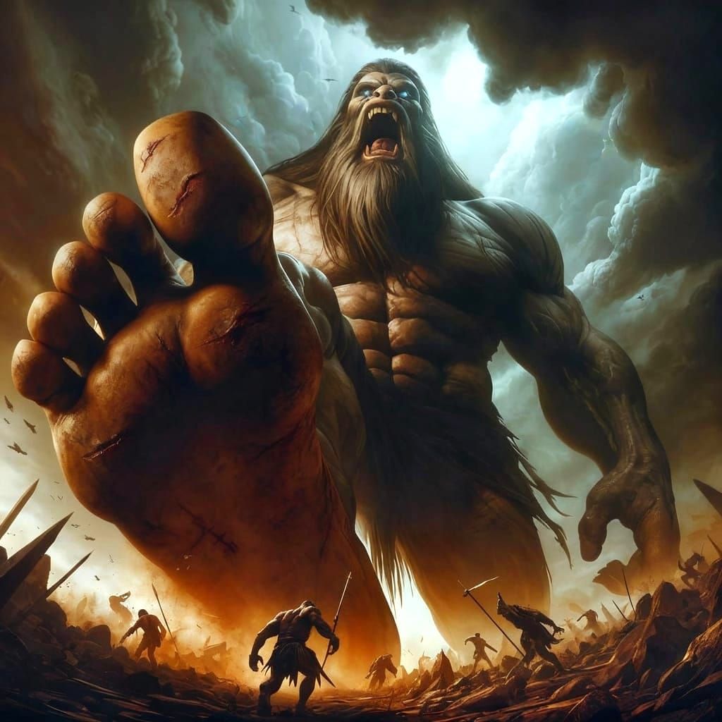 Massive Giant's Foot Descends in Dark Fantasy Painting