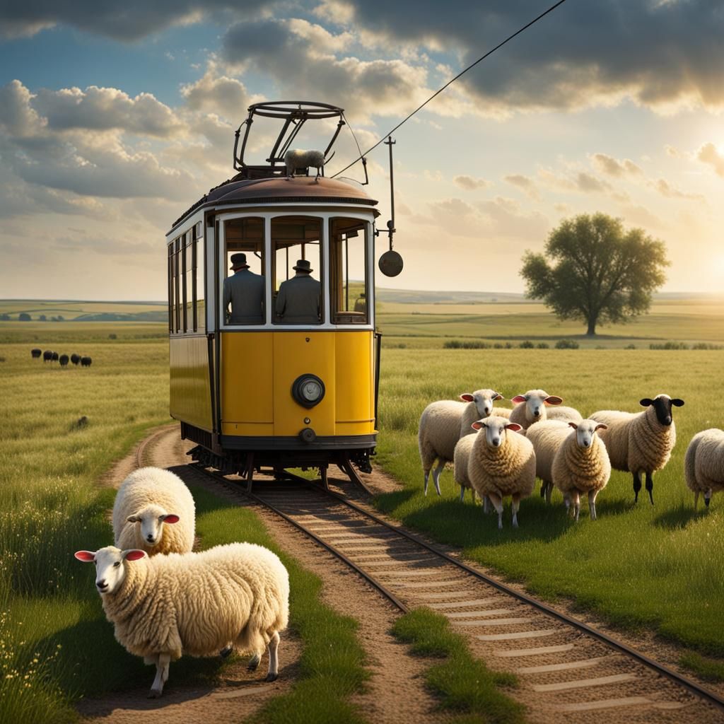 Hyperrealistic Tram on the Hungarian Plains
