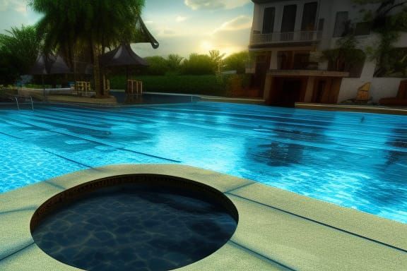 outdoor pool 3D Game Cinematic Feel, Epic 3D Videogame Graph...