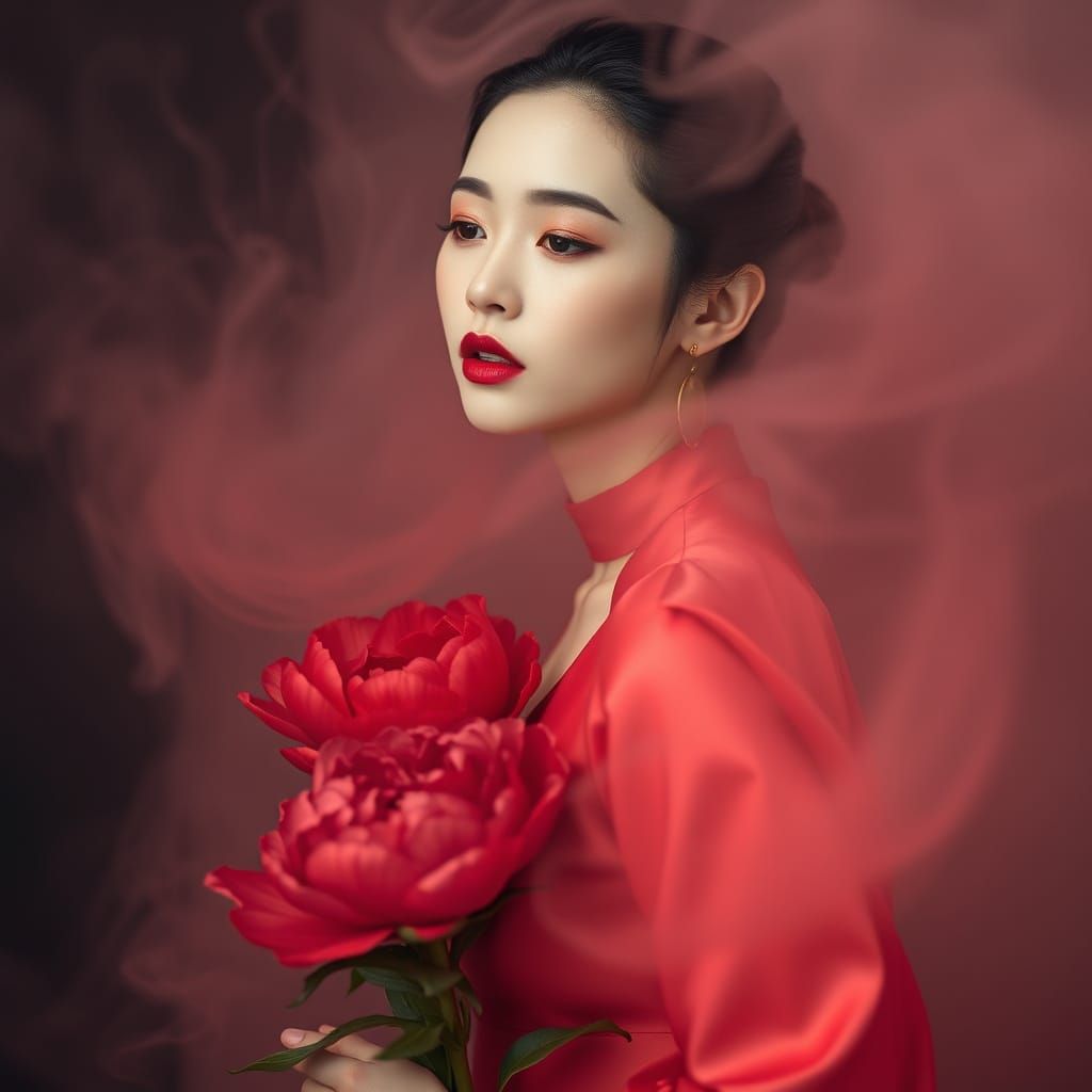 Elegant Figure in Mist with Peonies: Fine Art Photography