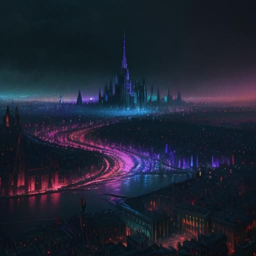 Hyperrealistic Rainbow Rain in Dark City at Night