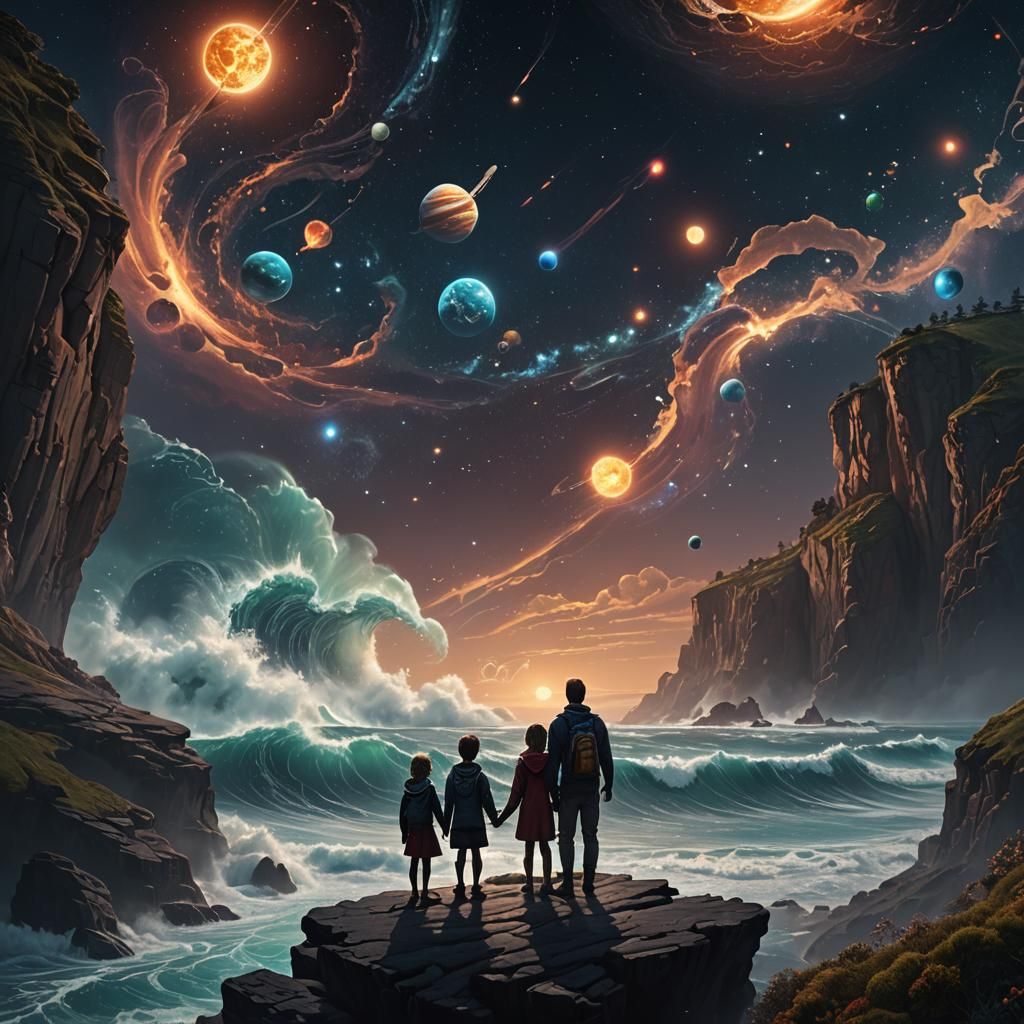 Family Gazes at Starry Sky: Fantasy Concept Art