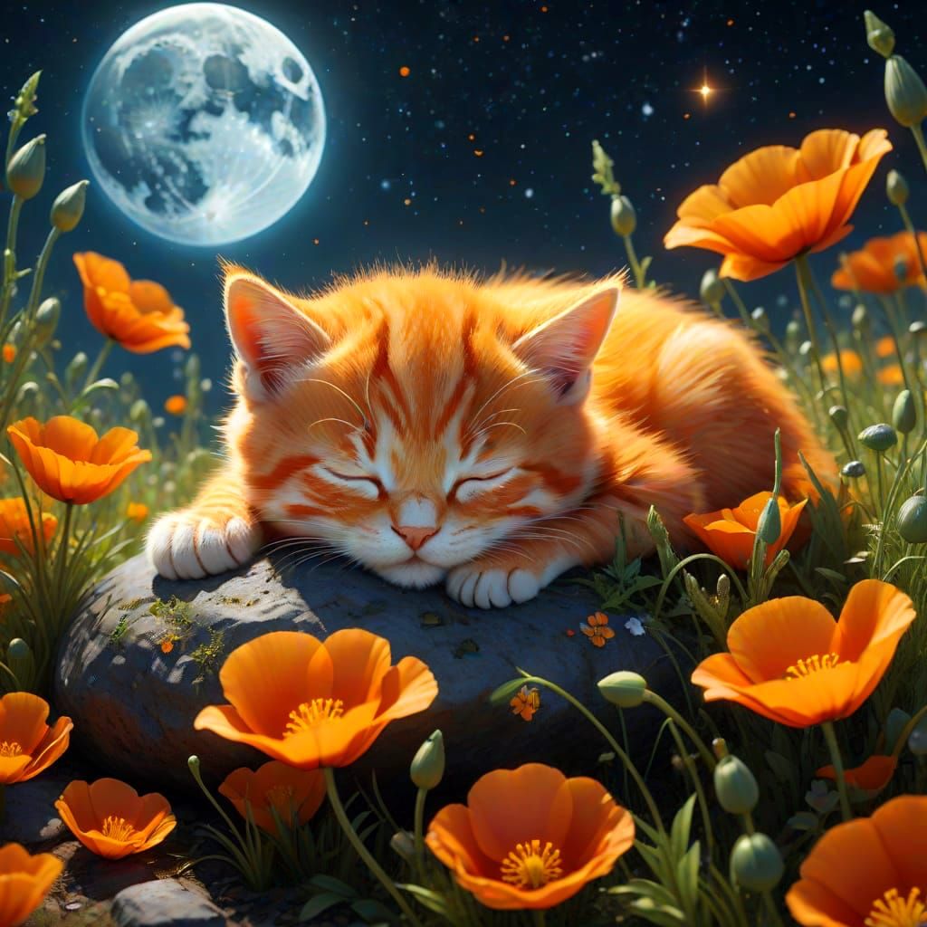 Whimsical Orange Kitten in a Fantastical Meadow